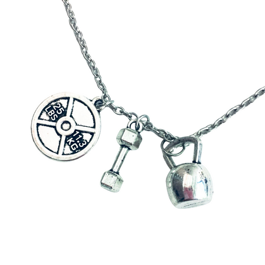 Badass Weightlifter Triple Charm Necklace in Silvertone