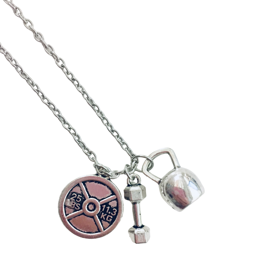 Badass Weightlifter Triple Charm Necklace in Silvertone