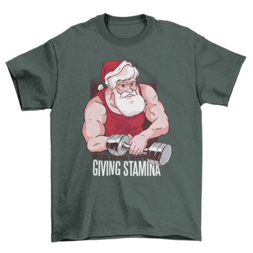 Buff Santa at the Gym with dumbbell and text Building gift giving