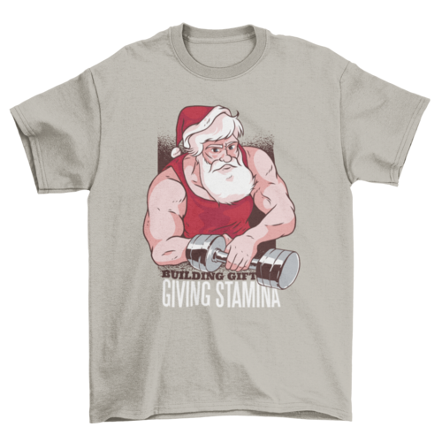 Buff Santa at the Gym with dumbbell and text Building gift giving