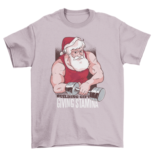 Buff Santa at the Gym with dumbbell and text Building gift giving