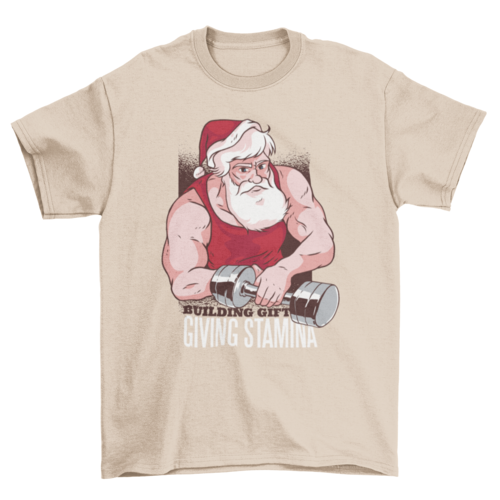 Buff Santa at the Gym with dumbbell and text Building gift giving